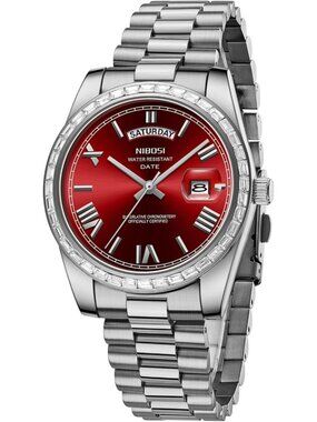 Nibosi Men's Silver Red Analog Quartz Diamond Bezel Stainless Waterproof Watch